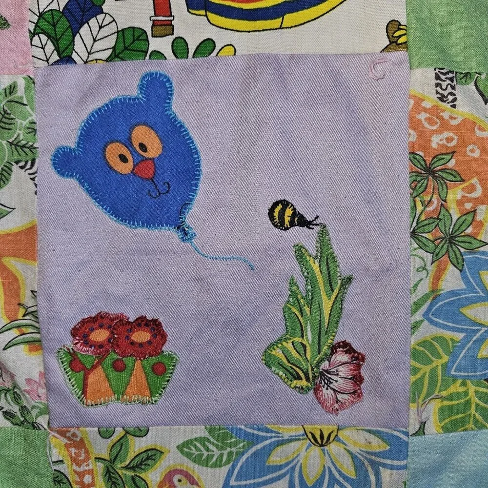 Vtg Handmade Blanket Boho Quilt Colorful Coverlet 62x83 70s 80s Fairy Tales